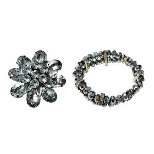 Crystal Hematite Stretch Bracelet and Brooch Set